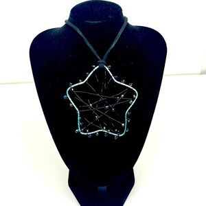 Handmade Star Pendant Necklace with Iridescent Beads on a Black Leather Cord